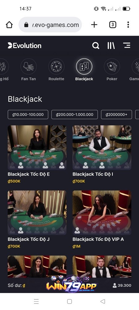 sảnh game blackjack trực tuyến